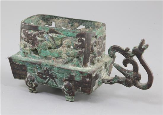 A Chinese archaic bronze brazier, Eastern Han dynasty, 25-220 A.D., 18.5cm long, 9.5cm high